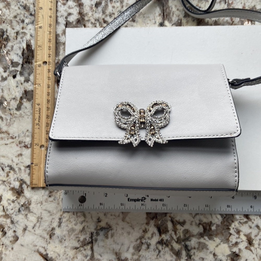 ALDO Formal Bag Gray Silver front flap embellished crystal-encrusted bow - Picture 12 of 14